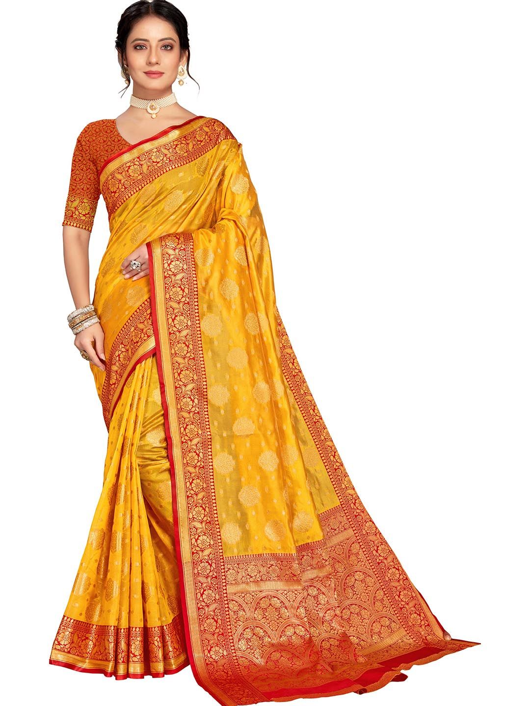 MS RETAIL Yellow & Red Floral Zari Organza Banarasi Saree Price in India
