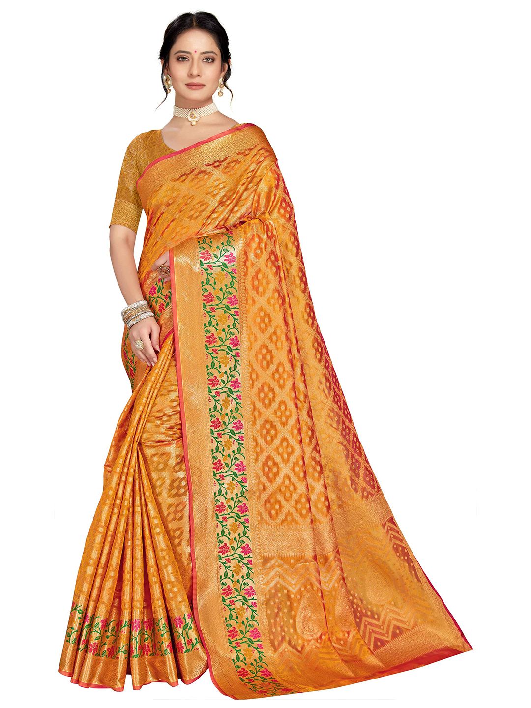 MS RETAIL Gold-Toned & Green Woven Design Organza Banarasi Saree Price in India