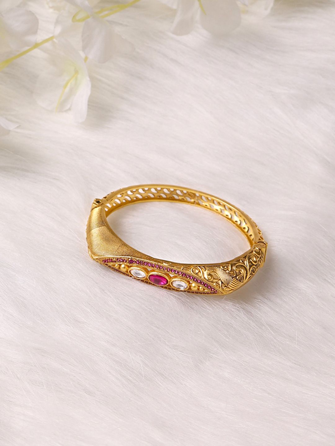Ruby Raang Women Gold-Toned & Pink Brass Kundan Handcrafted Gold-Plated Kada Bracelet Price in India