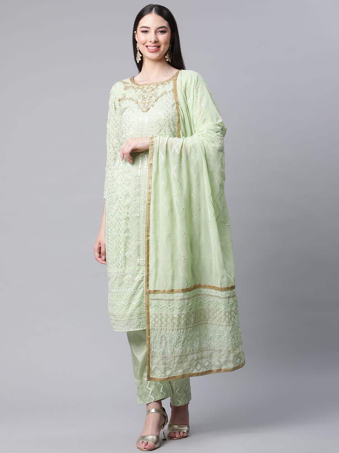 Readiprint Fashions Green Embroidered Semi-Stitched Dress Material Price in India