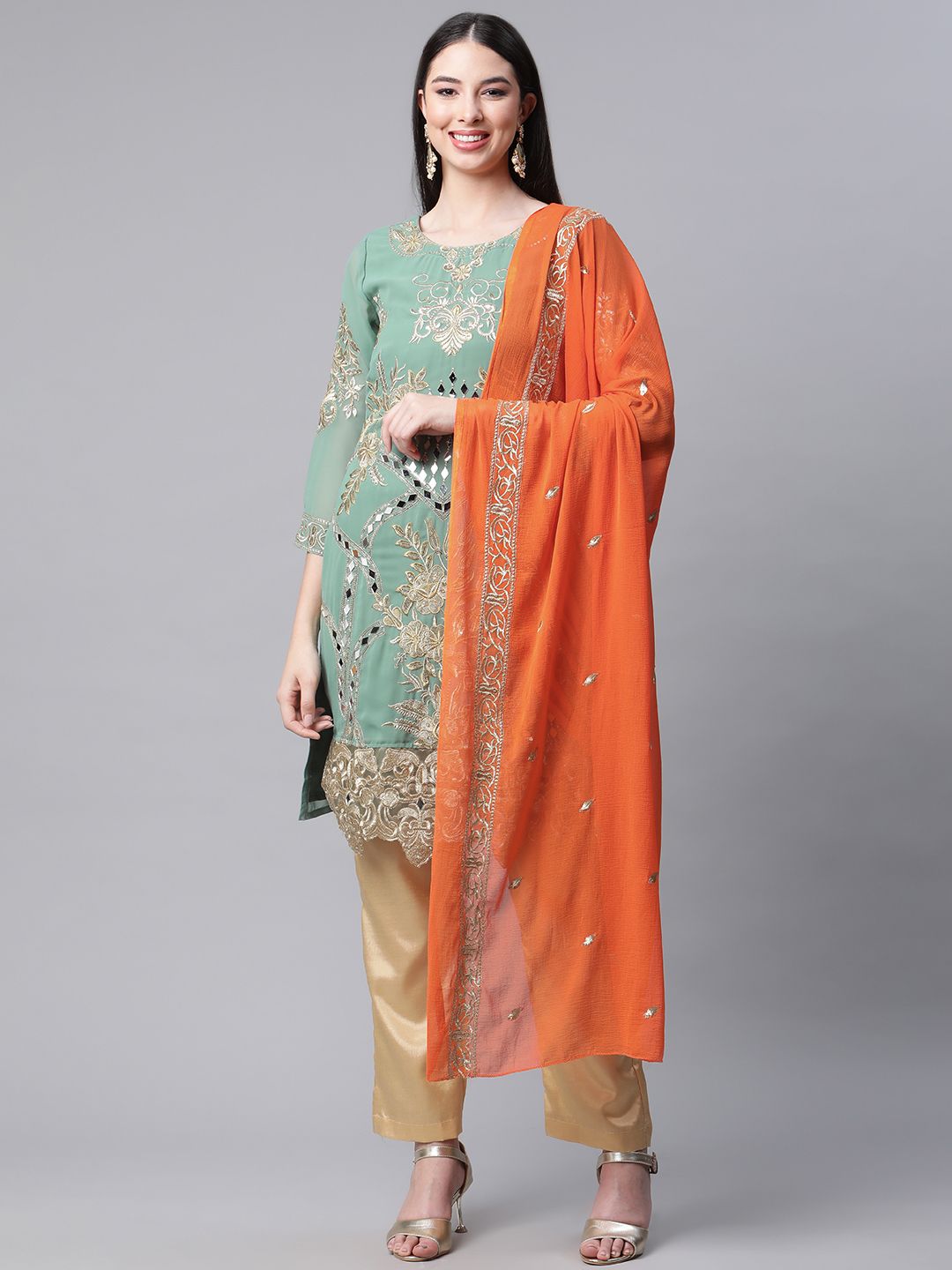 Readiprint Fashions Green & Orange Embroidered Semi-Stitched Dress Material Price in India