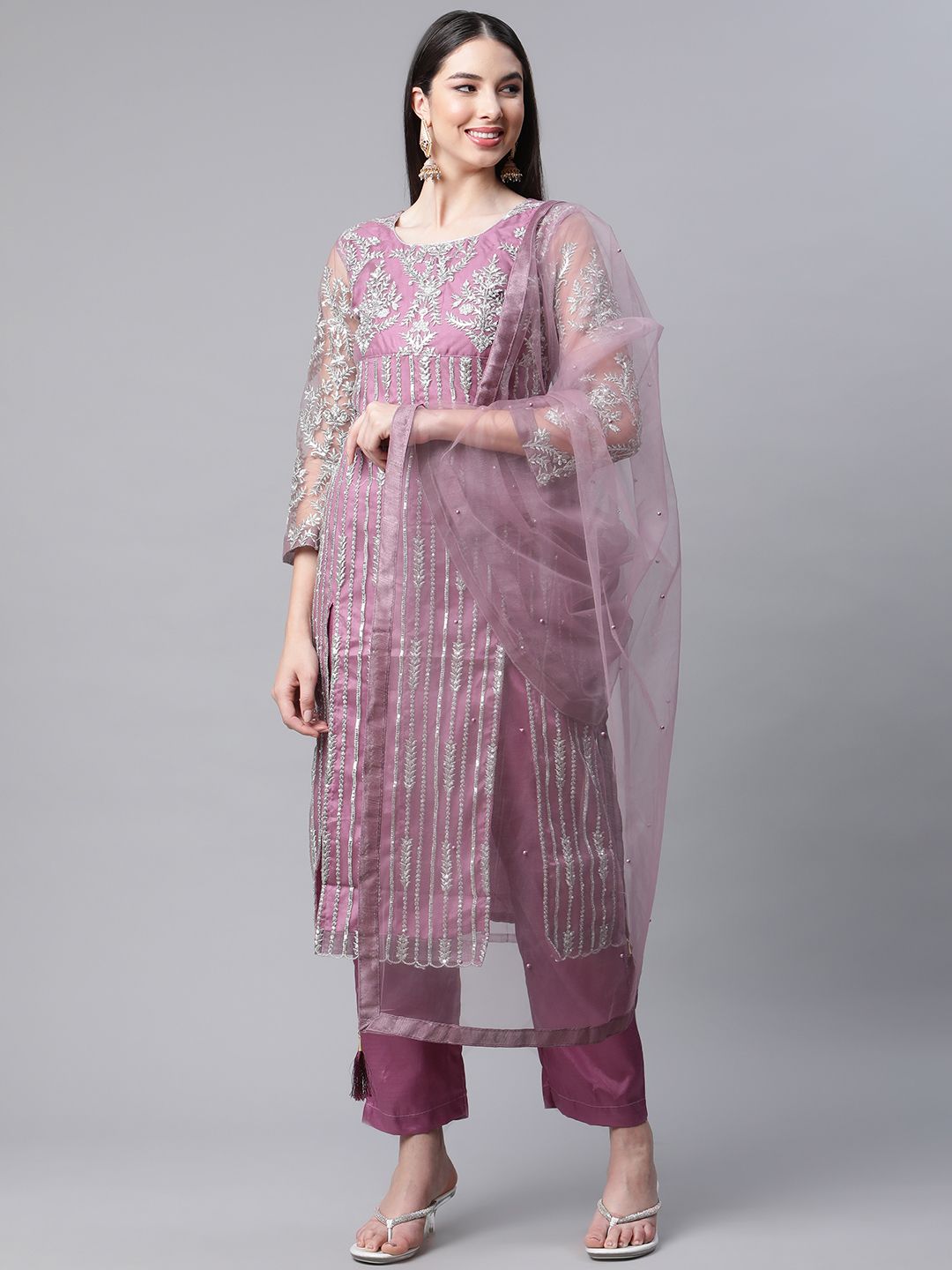 Readiprint Fashions Mauve Embroidered Semi-Stitched Dress Material Price in India