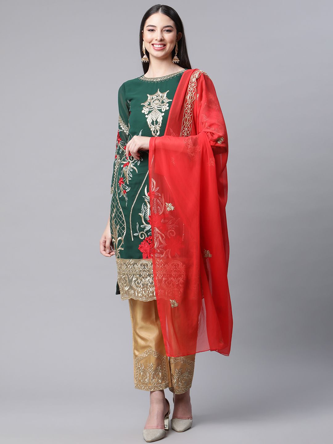 Readiprint Fashions Green & Red Embroidered Semi-Stitched Dress Material Price in India