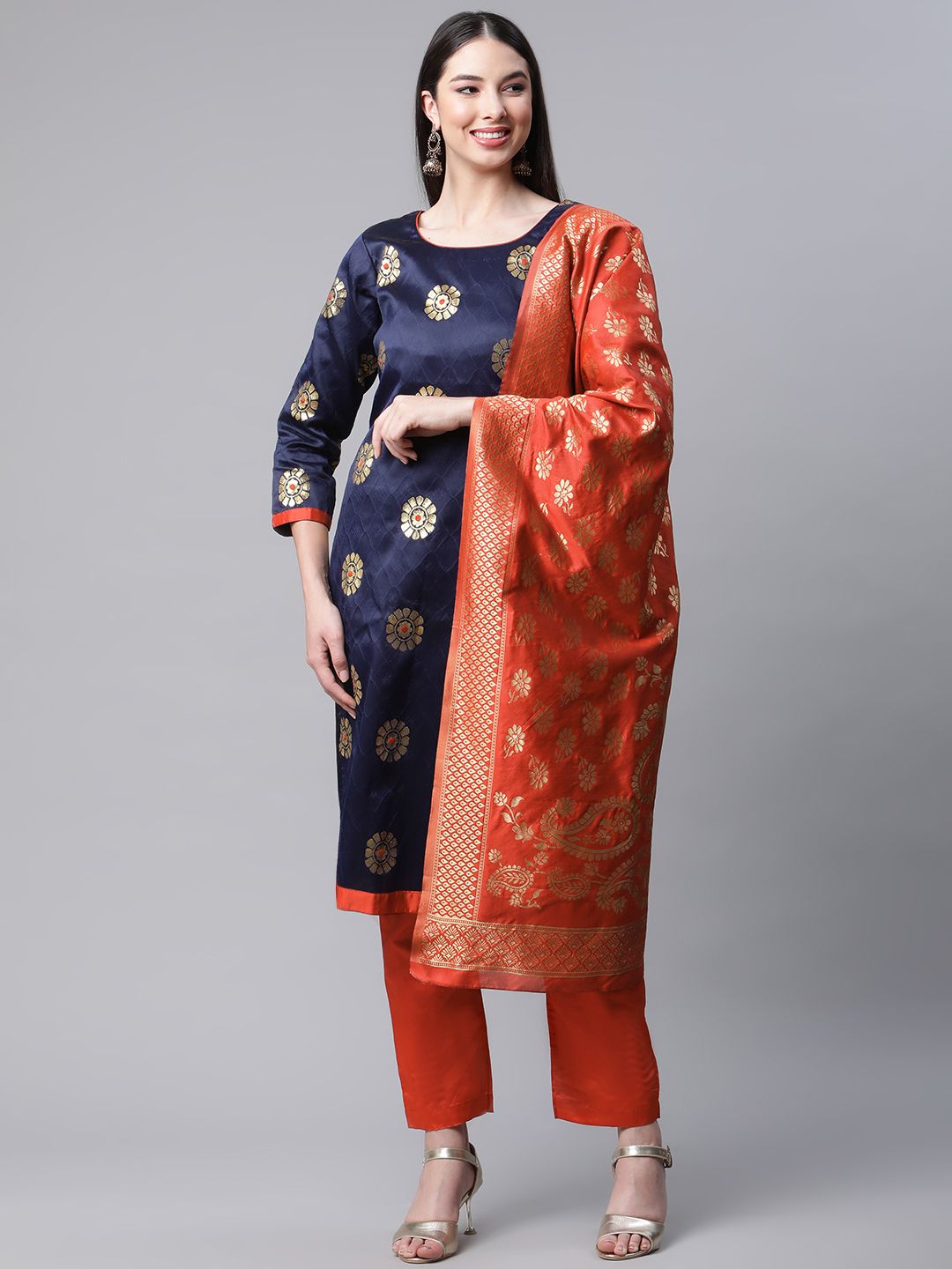 Readiprint Fashions Blue & Red Art Silk Semi-Stitched Dress Material Price in India