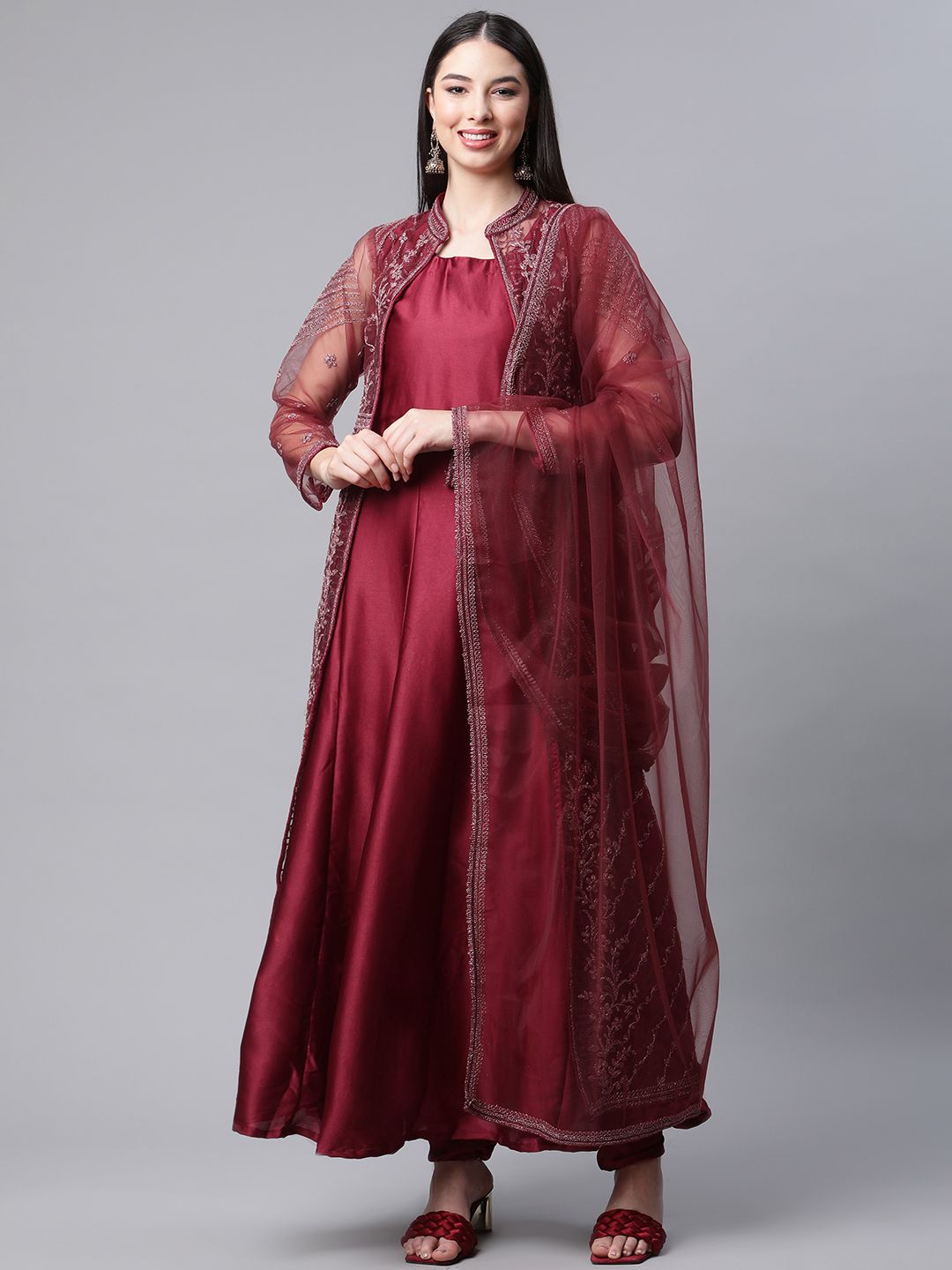 Readiprint Fashions Maroon Embroidered Semi-Stitched Dress Material Price in India