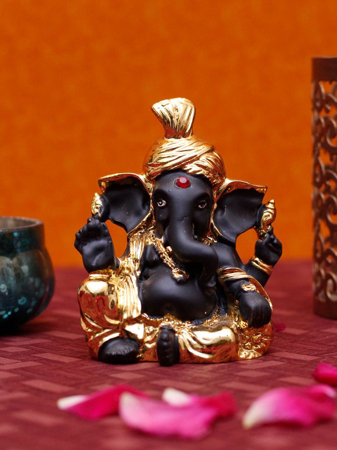 StatueStudio Gold-Toned & Black Textured Polyresin Small Ganesha Showpiece Price in India