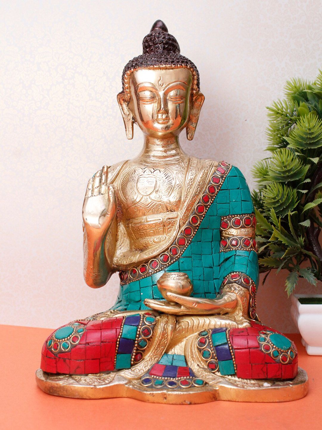 StatueStudio Green & Gold-Toned Buddha Idol Figurine Showpiece Price in India