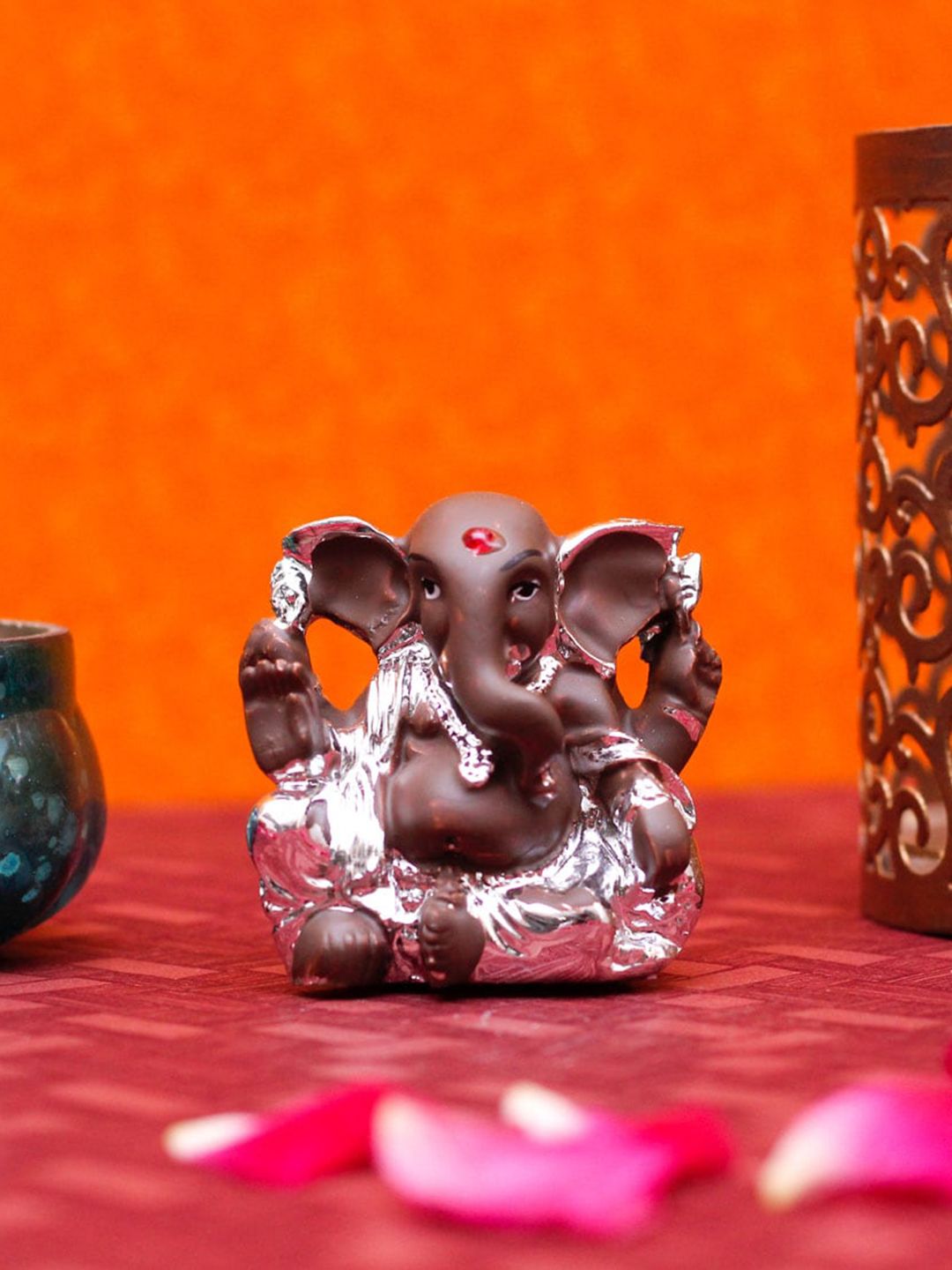 StatueStudio Silver-Toned & Brown Textured Ganpati Showpiece Price in India