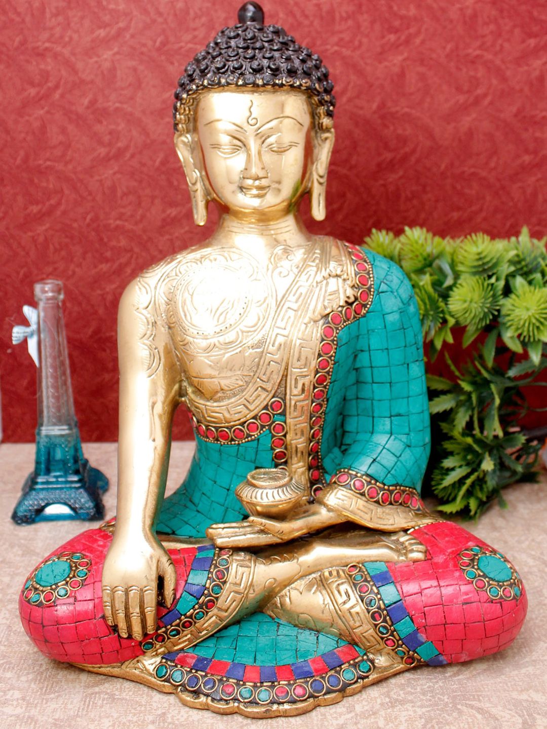 StatueStudio Gold-Toned & Blue Engraved Buddha Statue Showpieces Price in India