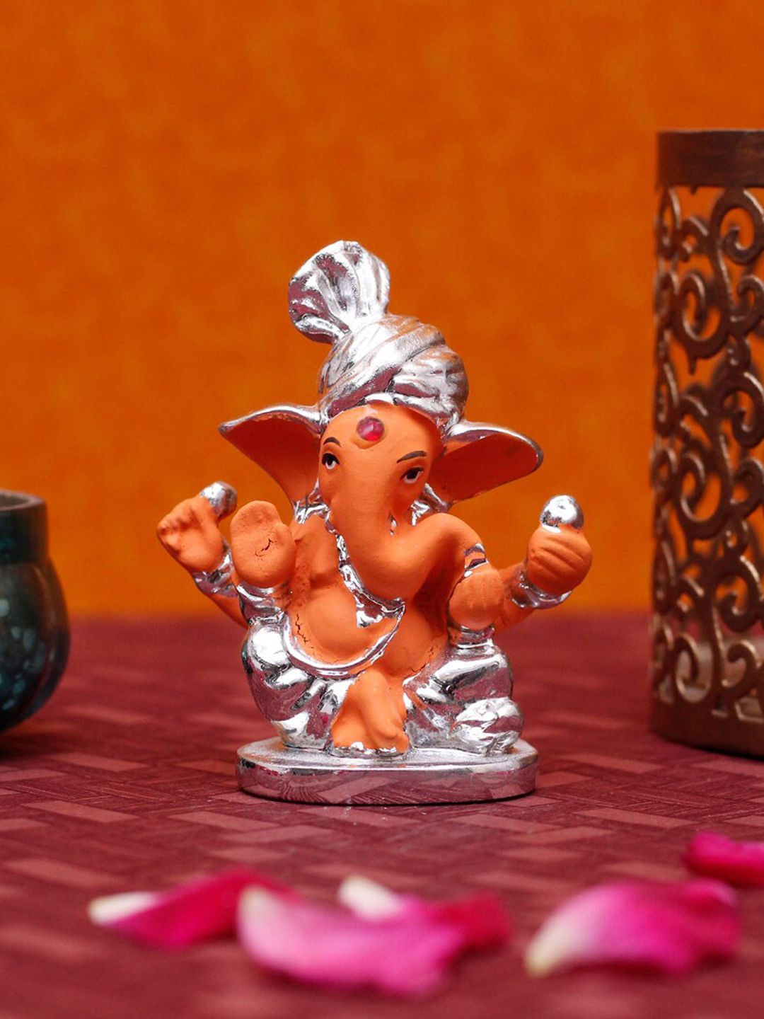StatueStudio Silver-Toned & Orange Ganpati Idol Showpiece Price in India