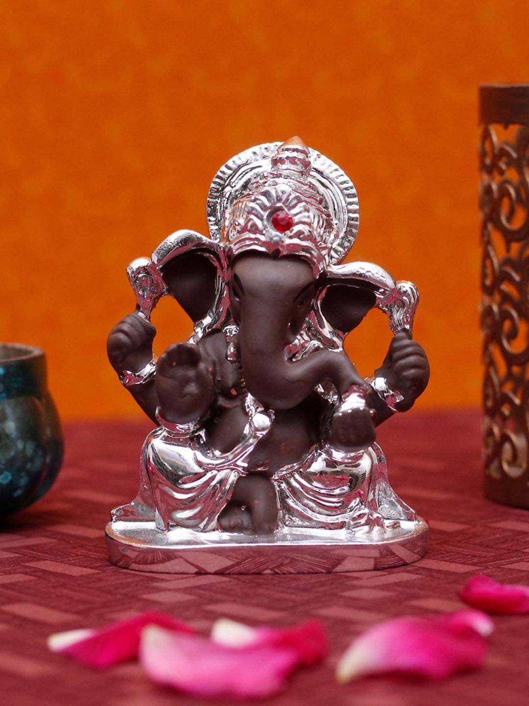 StatueStudio Silver-Toned & Brown Ganpati Idol Showpiece Price in India