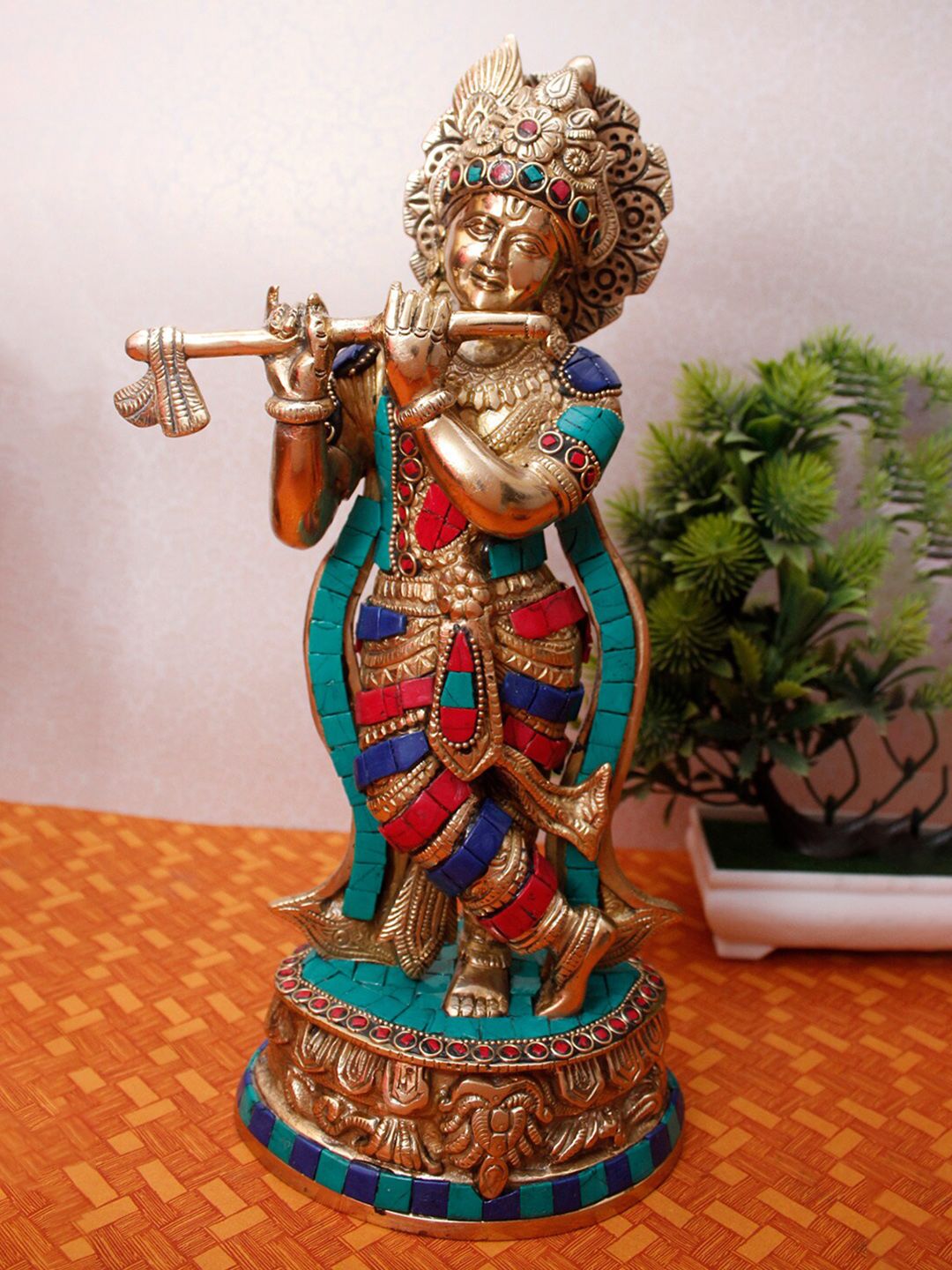 StatueStudio Gold-Toned & Blue Textured Standing Krishna Showpiece Price in India