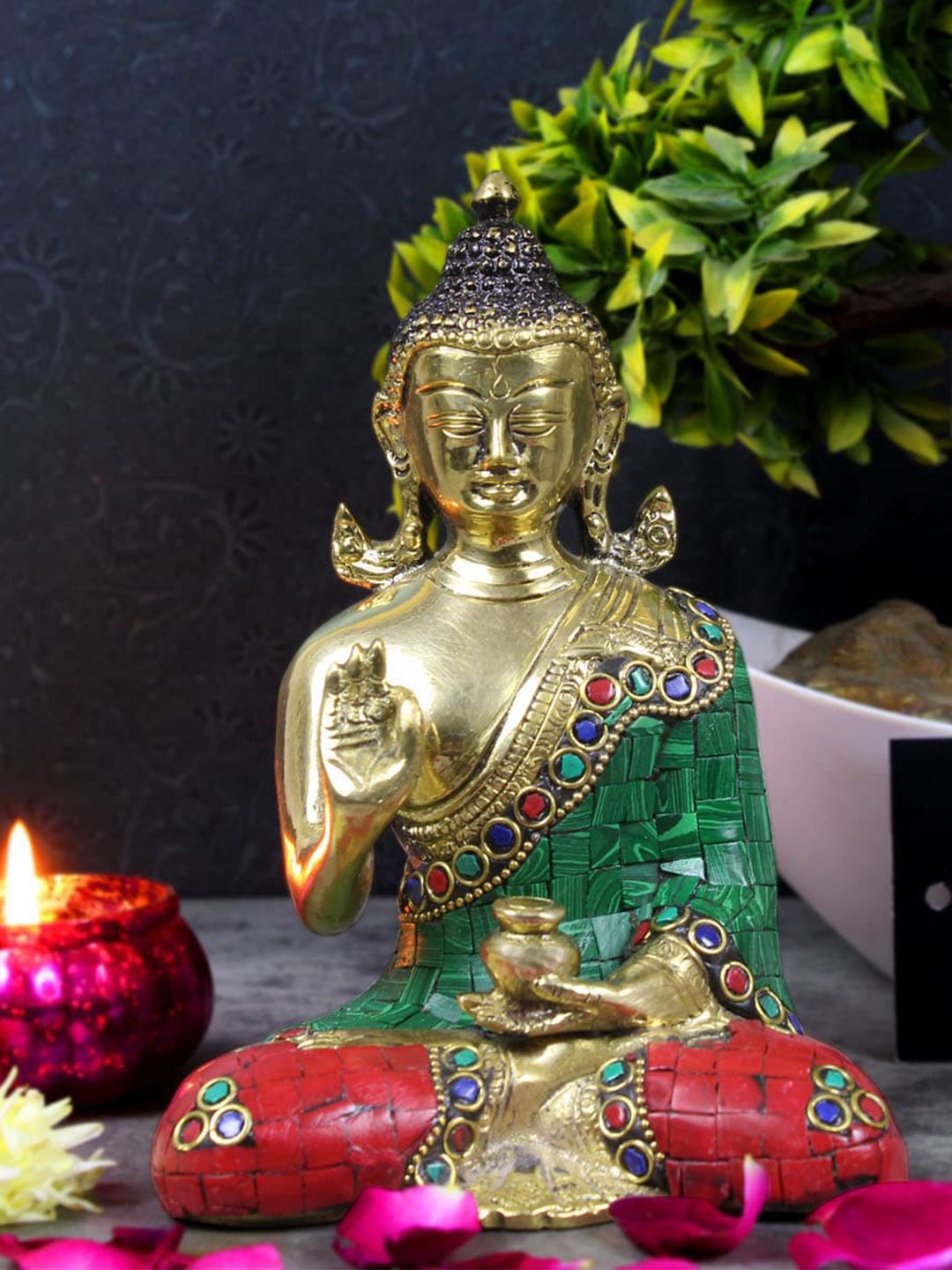 StatueStudio Gold-Toned & Green Textured Blessing Buddha Showpiece Price in India