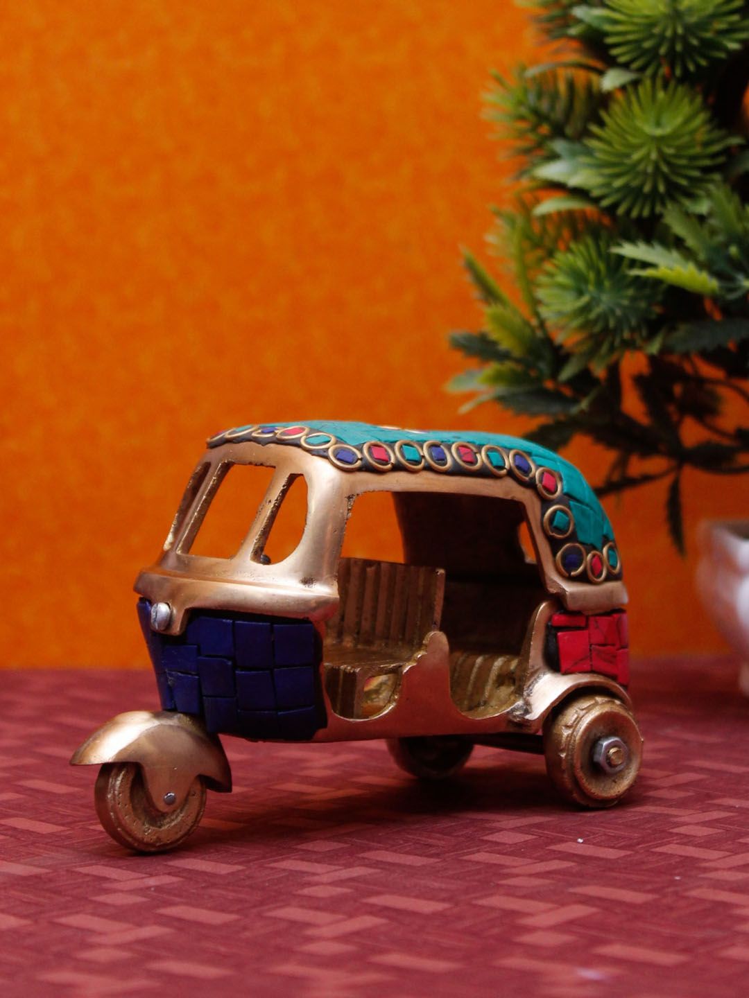 StatueStudio Gold-Toned & Blue Textured Antique Finish Indian Auto Rickshaw Replica Showpiece Price in India