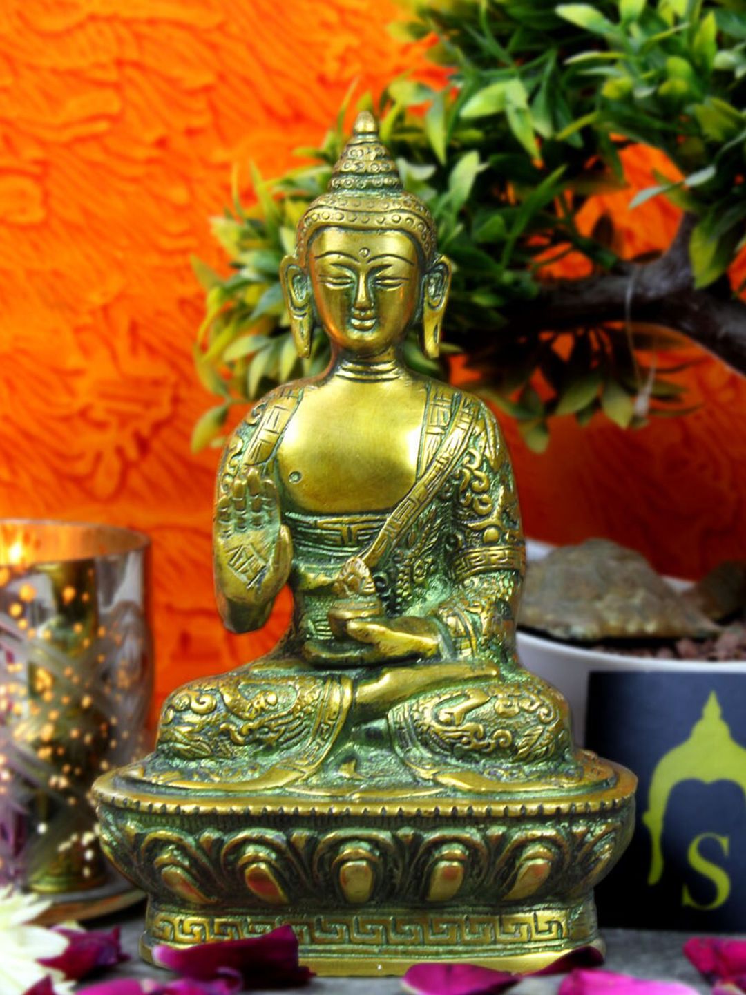 StatueStudio Green & Gold-Toned Antique Finish Buddha Statue Showpiece Price in India