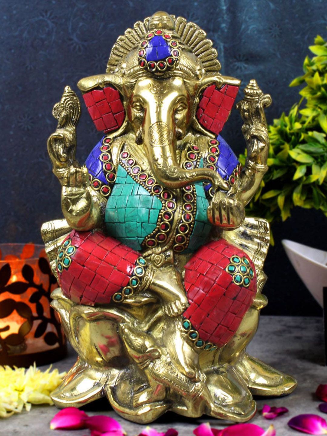 StatueStudio Gold-Toned & Red Textured Ganpati Showpiece Price in India