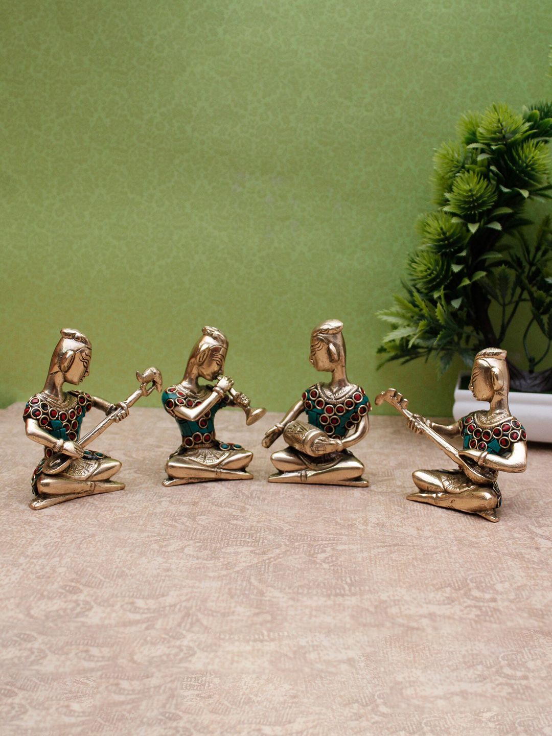 StatueStudio Set of 4 Gold Toned, Teal Blue & Red Musical Figurine Showpieces Price in India