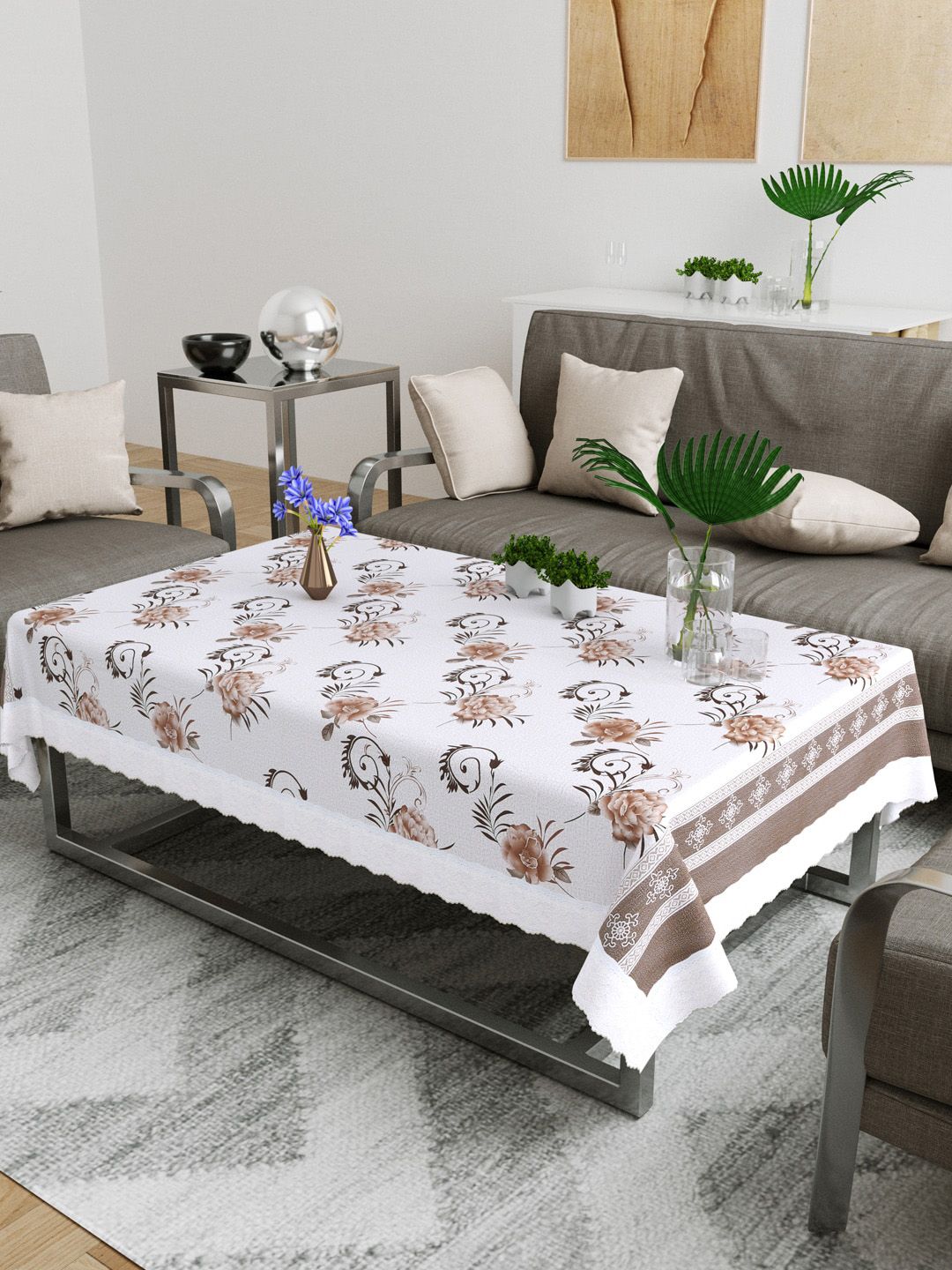 DREAM WEAVERZ White & Brown Printed Centre Table Cover with Stitched Border Price in India