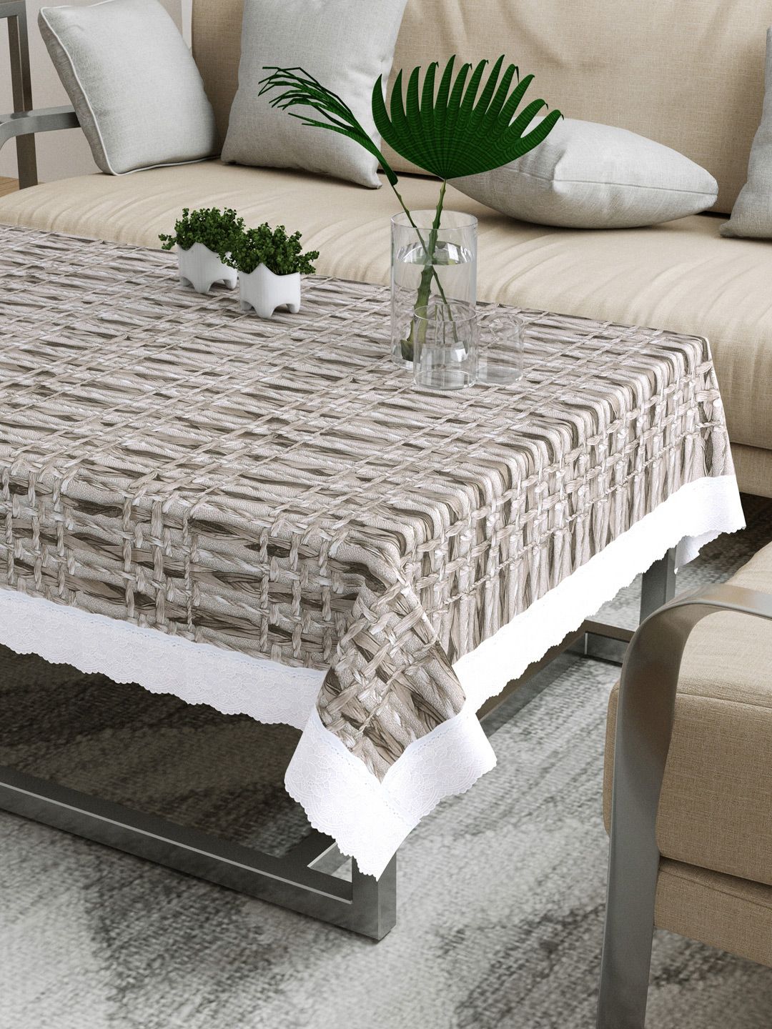 DREAM WEAVERZ Grey & Brown Rope Printed 4-Seater Table Cover Price in India