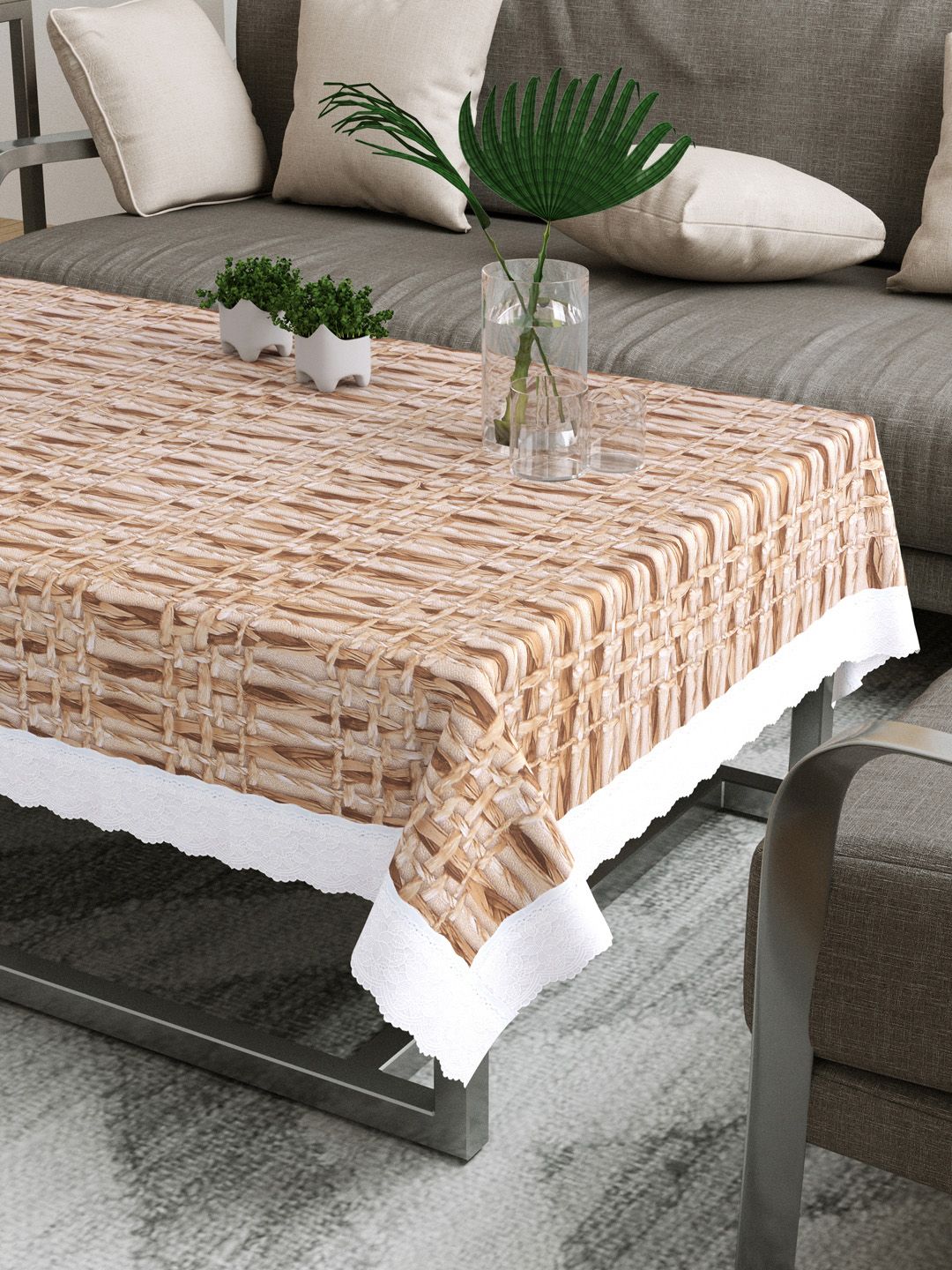 DREAM WEAVERZ Beige & White Printed Rectangular Centre Table Cover with Stitched Border Price in India