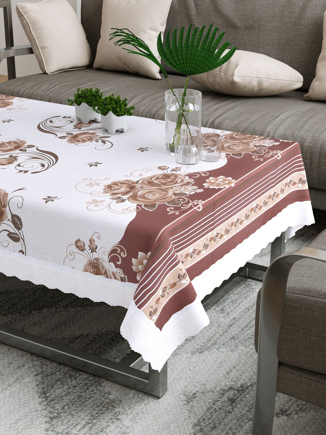 DREAM WEAVERZ White & Maroon Floral Print Centre Table Cover With Stitched White Border Price in India