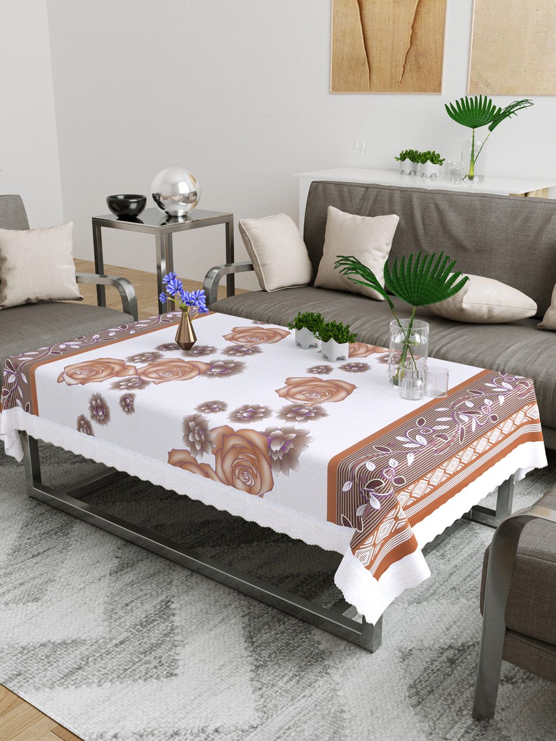 DREAM WEAVERZ White & Rust Floral Printed Centre Table Cover with Stitched Border Price in India
