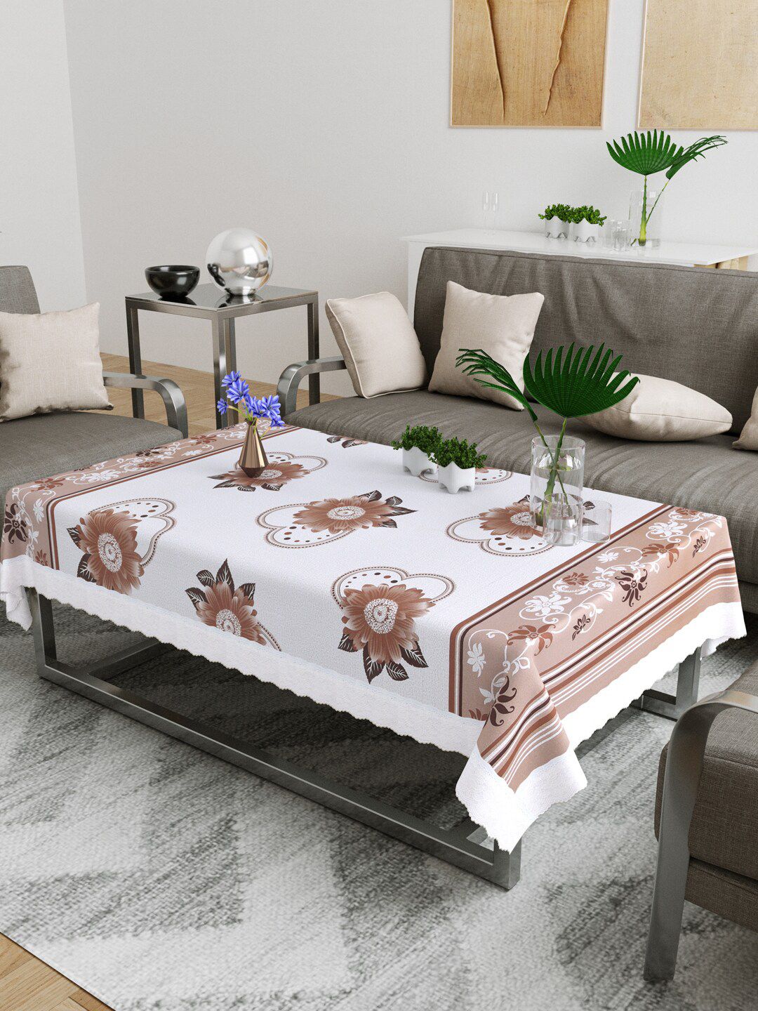 DREAM WEAVERZ White & Beige Printed Rectangular Centre Table Cover with Stitched Border Price in India