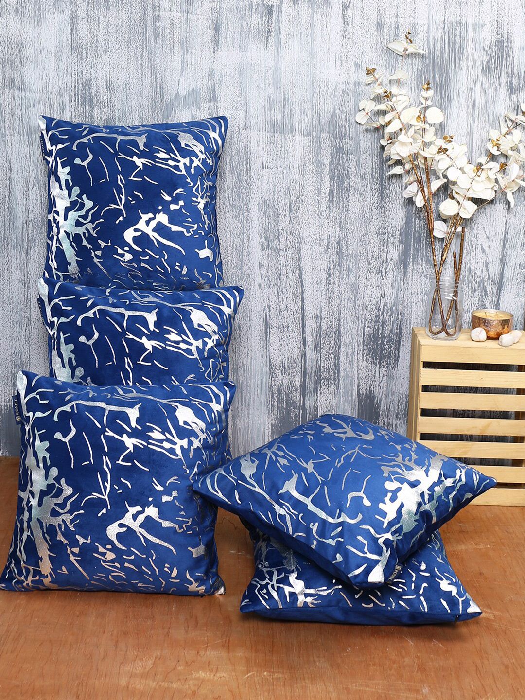 ROMEE Blue & White Set of 5 Velvet Square Cushion Covers Price in India