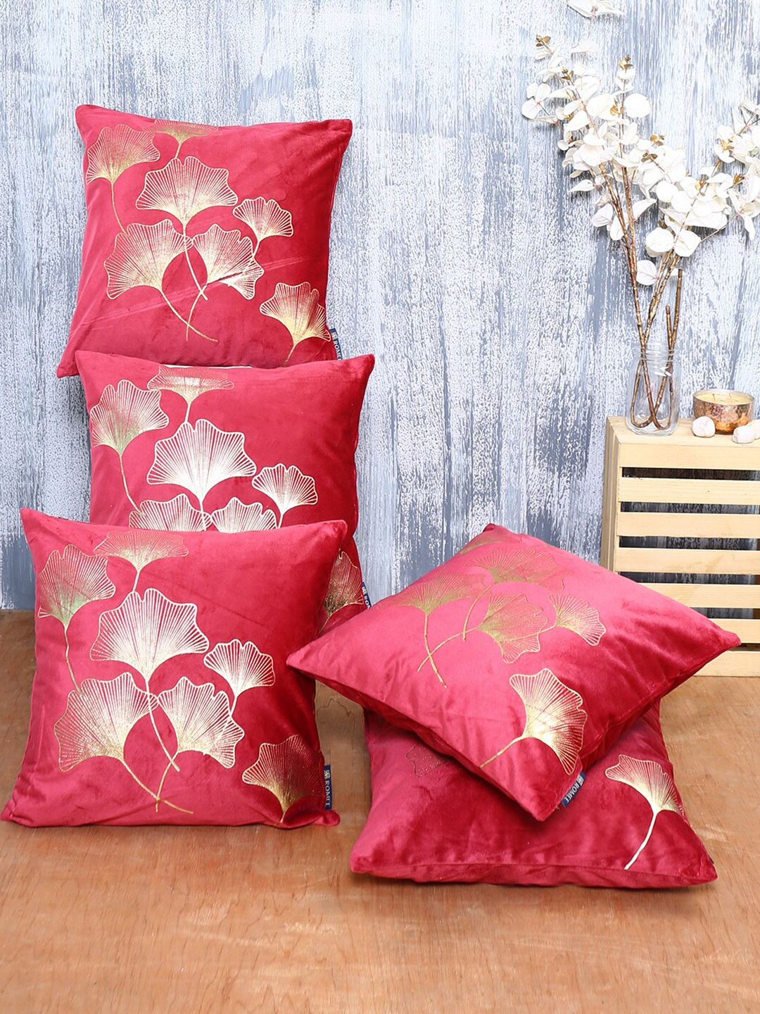 ROMEE Pink & Gold-Toned Set of 5 Floral Velvet Square Cushion Covers Price in India