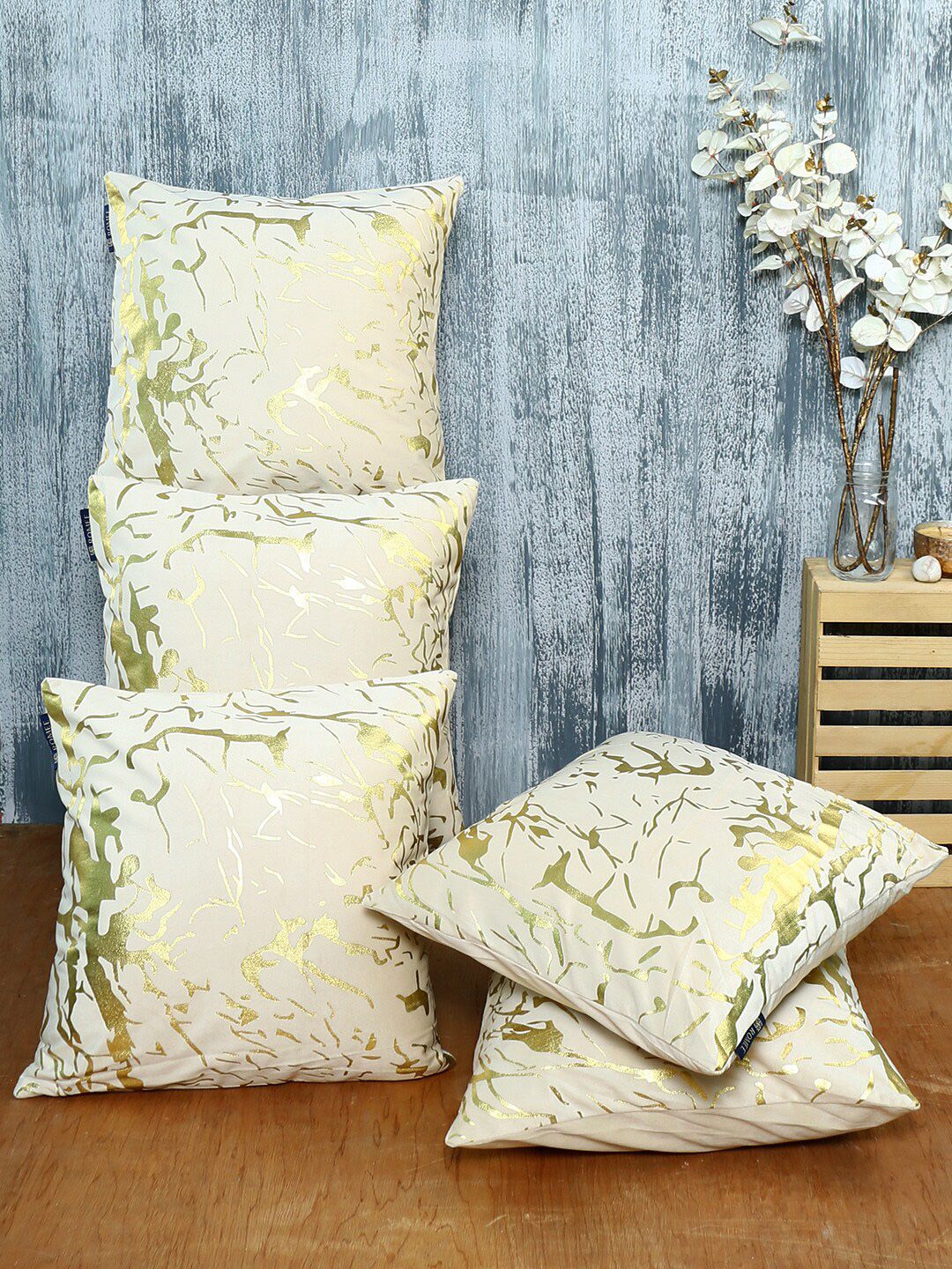 ROMEE Cream-Coloured & Gold-Toned Set of 5 Velvet Square Cushion Covers Price in India