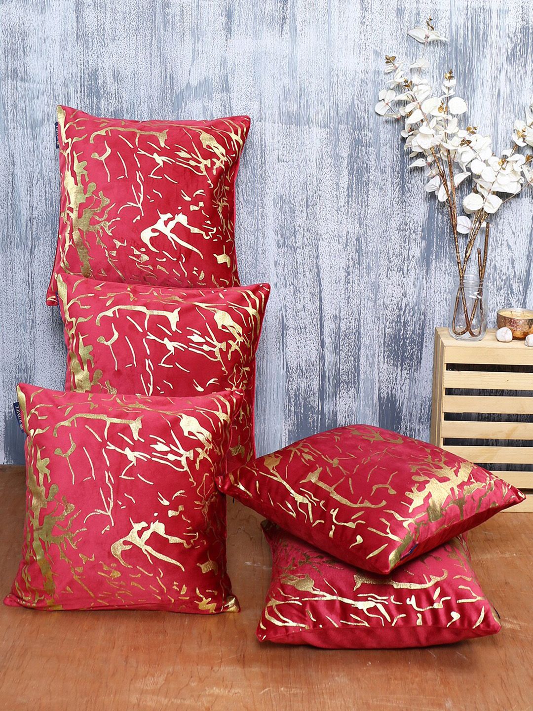 ROMEE Pink & Gold-Toned Set of 5 Velvet Square Cushion Covers Price in India