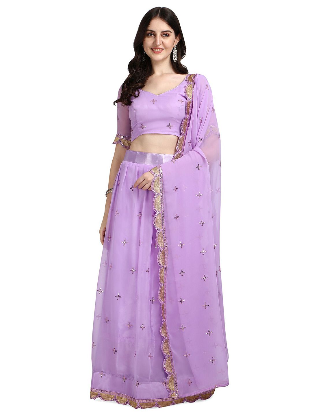 Pratham Blue Purple & Gold-Toned Embroidered Sequinned Semi-Stitched Lehenga & Unstitched Blouse With Price in India