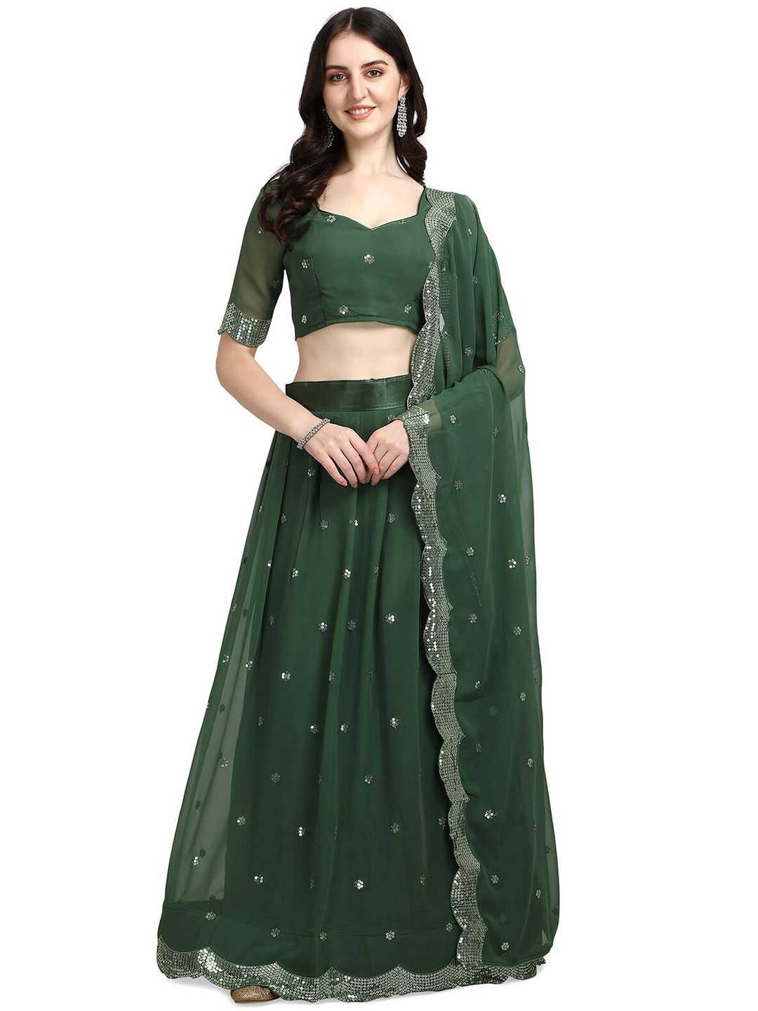 Pratham Blue Green & Silver-Toned Embroidered Sequinned Semi-Stitched Lehenga Price in India