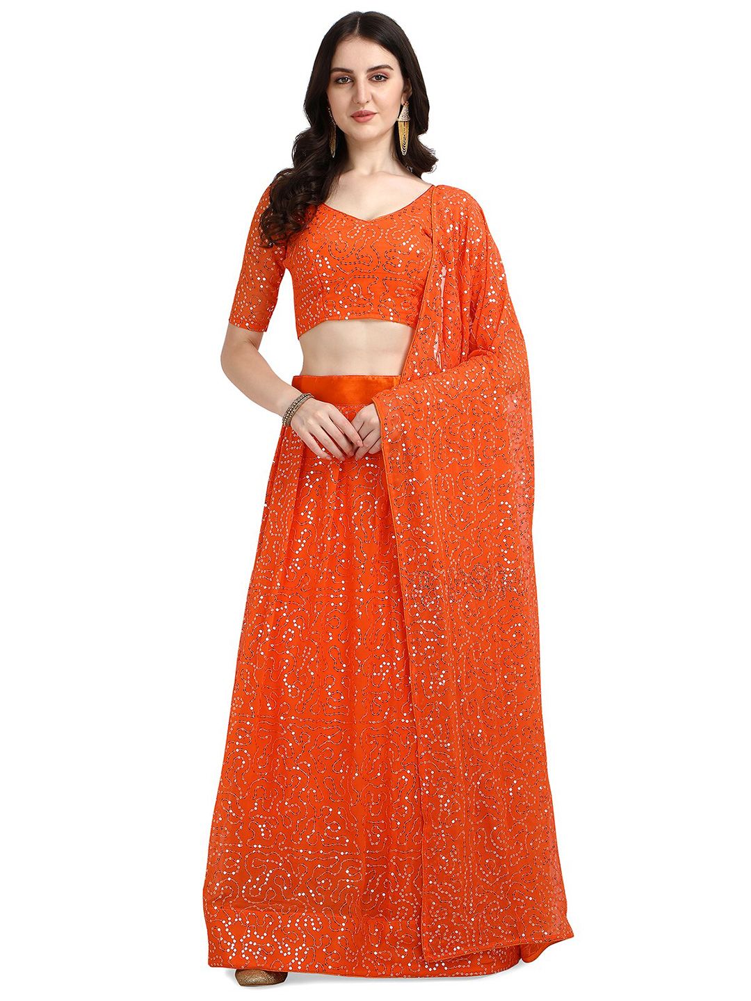 Pratham Blue Orange & Silver Sequinned Semi-Stitched Lehenga & Unstitched Blouse With Dupatta Price in India