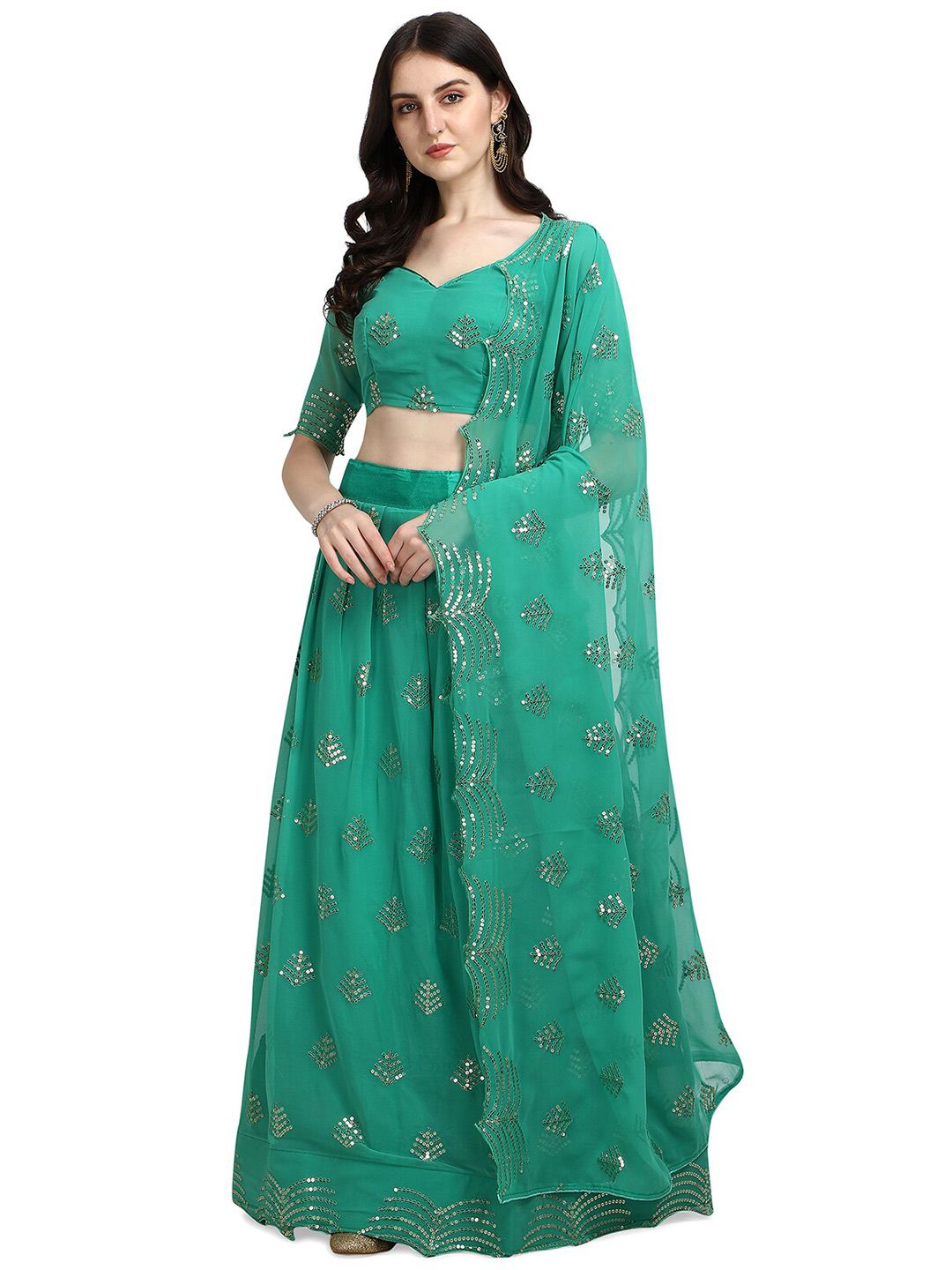 Pratham Blue Green Embellished Sequinned Semi-Stitched Lehenga & Unstitched Blouse With Dupatta Price in India