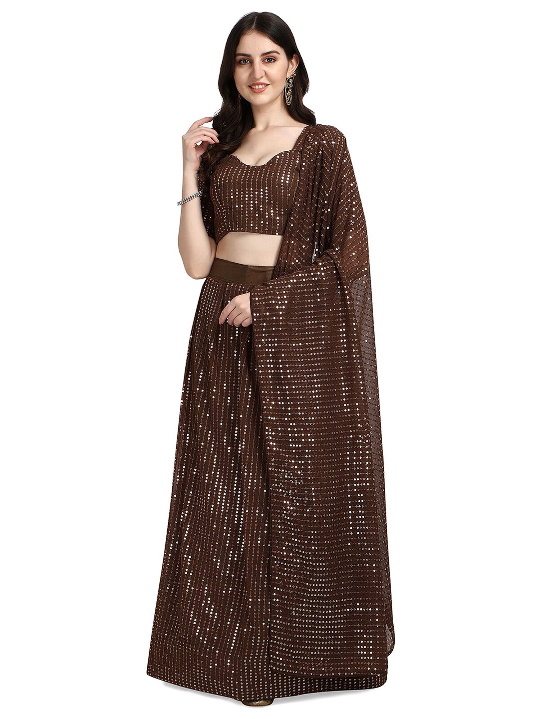 Pratham Blue Brown Embroidered Sequinned Semi-Stitched Lehenga & Unstitched Blouse With Dupatta Price in India