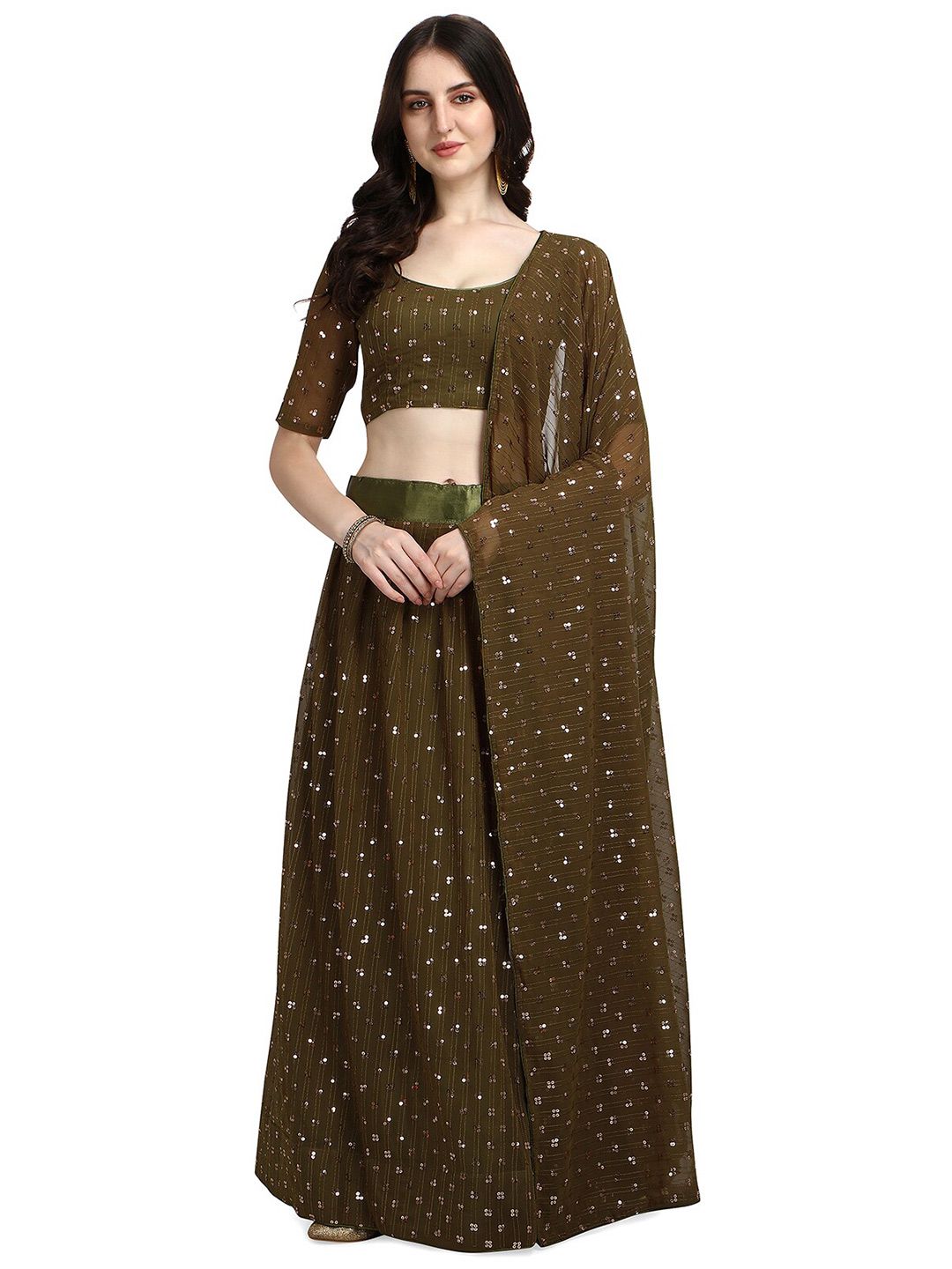 Pratham Blue Olive Green Embellished Sequinned Semi-Stitched Lehenga & Unstitched Blouse With Dupatta Price in India