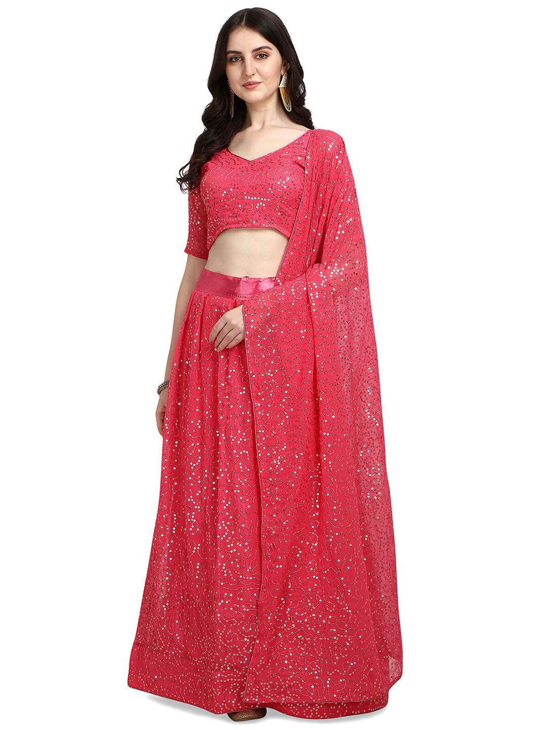 Pratham Blue Fuchsia Embroidered Sequinned Semi-Stitched Lehenga & Unstitched Blouse With Dupatta Price in India