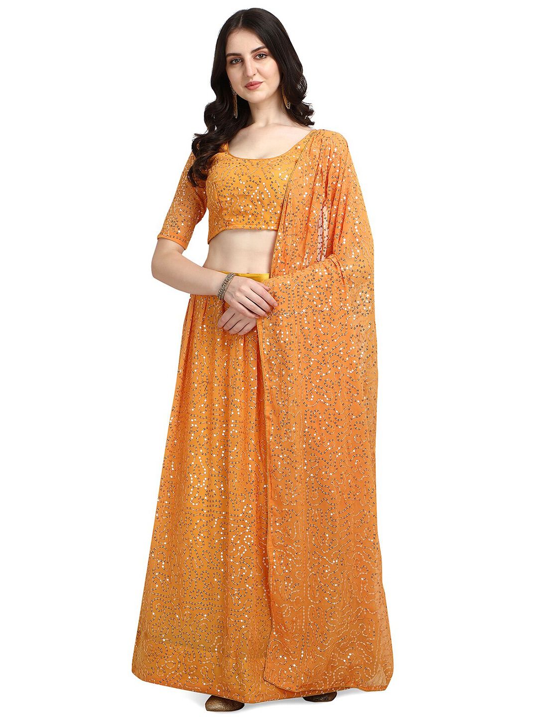 Pratham Blue Woman Yellow & Silver-Toned Embroidered Sequinned Semi-Stitched Lehenga Price in India