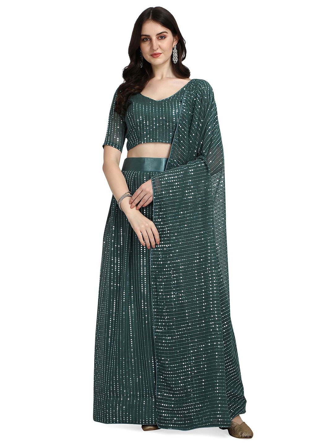 Pratham Blue Woman Teal Embellished Sequinned Semi-Stitched Lehenga & Unstitched Blouse Price in India