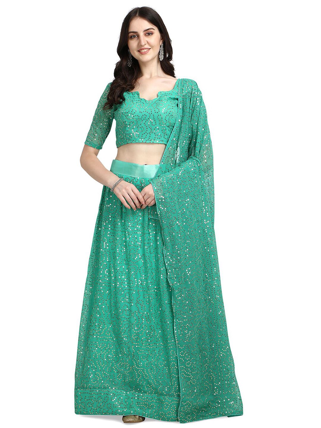 Pratham Blue Woman Turquoise & Silver-Toned Embroidered Sequinned Semi-Stitched Lehenga Price in India