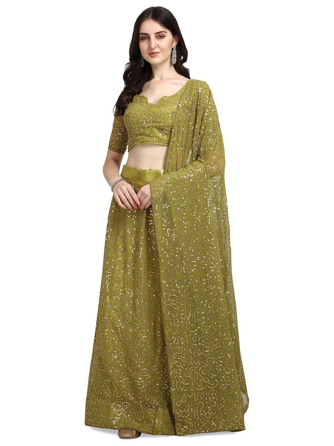 Pratham Blue Woman Olive Green & Silver-Toned Embellished Sequinned Semi-Stitched Lehenga Price in India