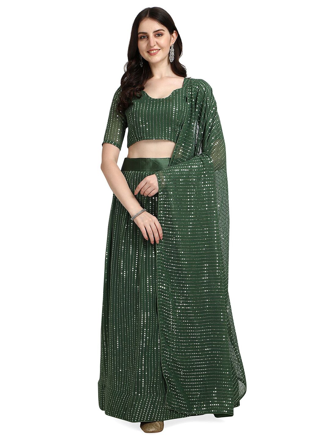 Pratham Blue Green Embroidered Sequinned Semi-Stitched Lehenga & Unstitched Blouse With Dupatta Price in India