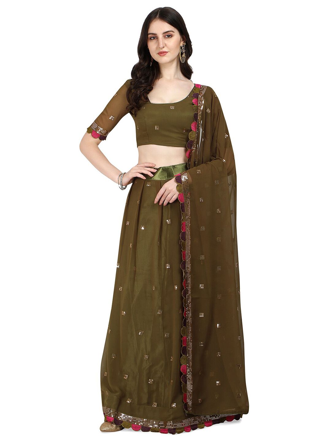 Pratham Blue Olive Green Embroidered Sequinned Semi-Stitched Lehenga & Unstitched Blouse With Dupatta Price in India