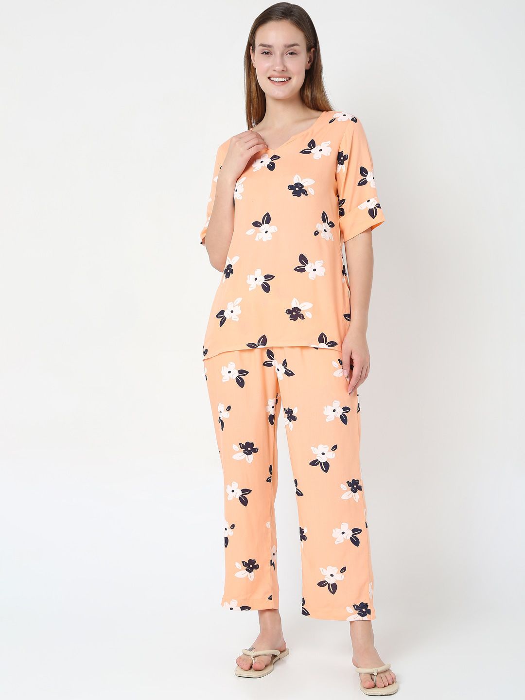 Smarty Pants Women Peach-Coloured & White Printed Pure Cotton Night suit Price in India