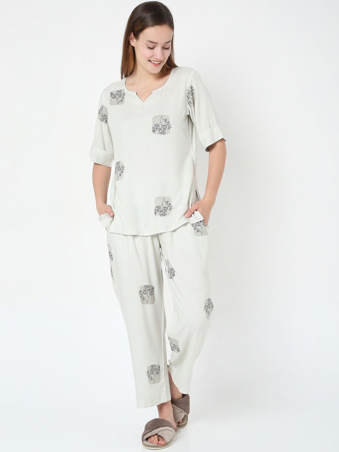 Smarty Pants Women Grey Floral Printed Pure Cotton Night suit Price in India