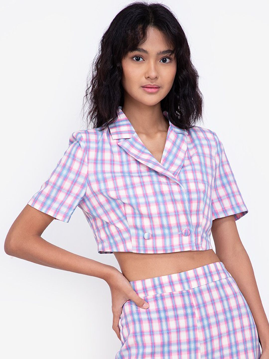 ZALORA BASICS Women Purple Checked Crop Blazer Price in India