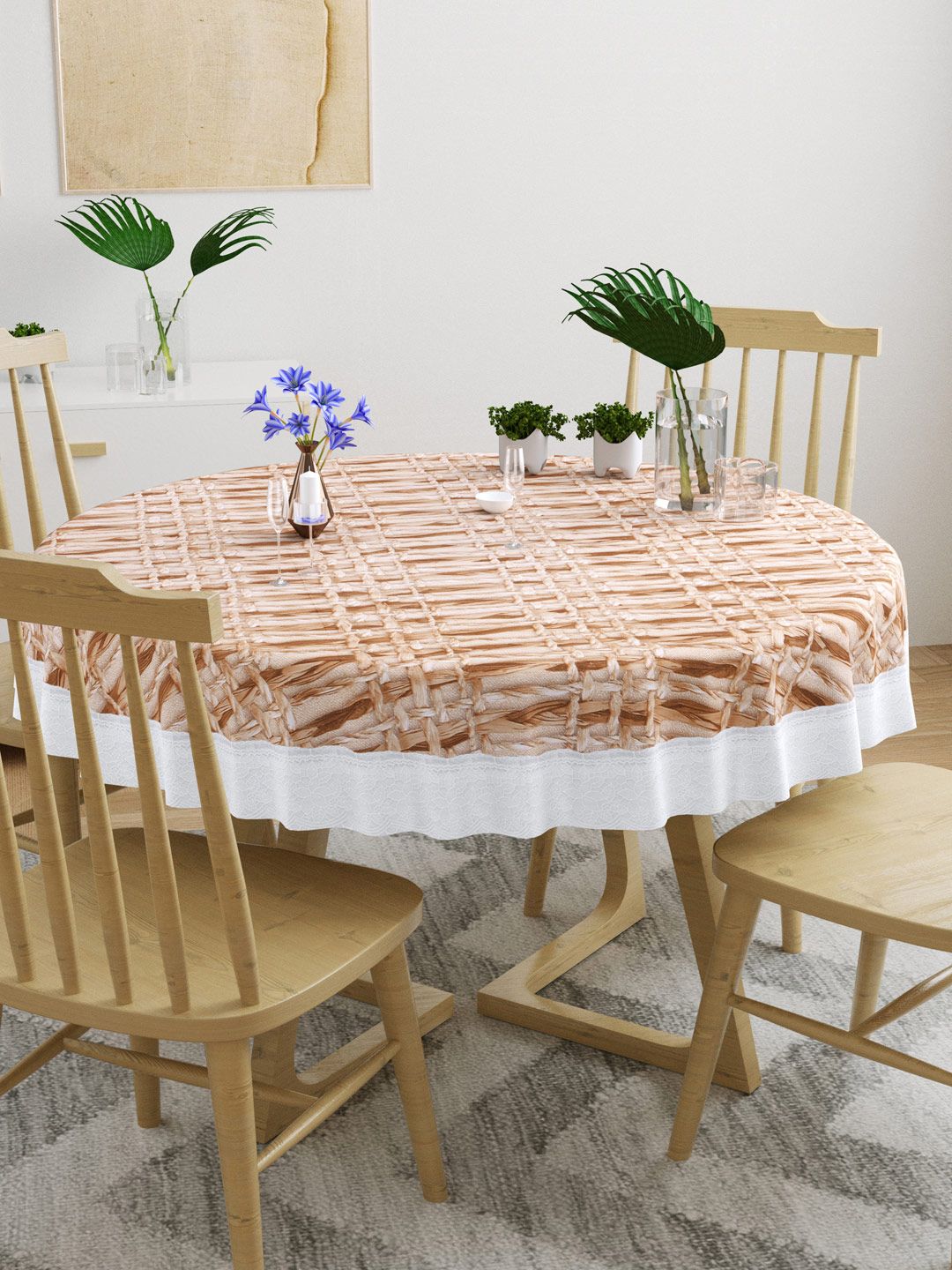DREAM WEAVERZ Unisex Beige & White Striped Round Table Covers Price in India