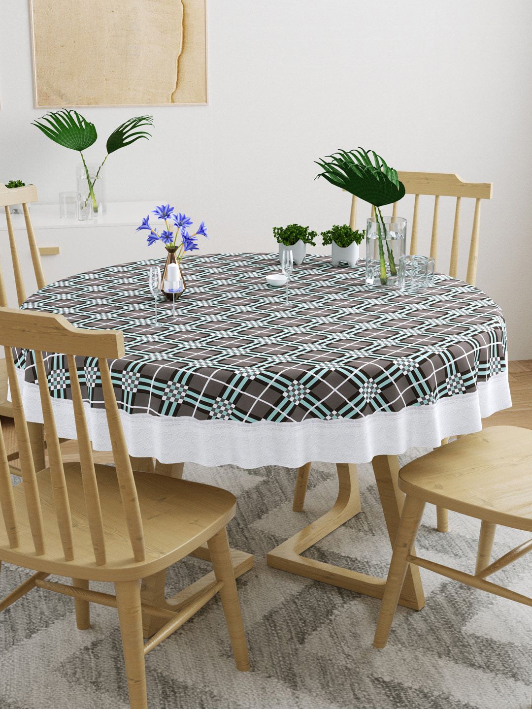 DREAM WEAVERZ Grey & Turquoise Checkered Round Table Cover With Stitched White Border Price in India