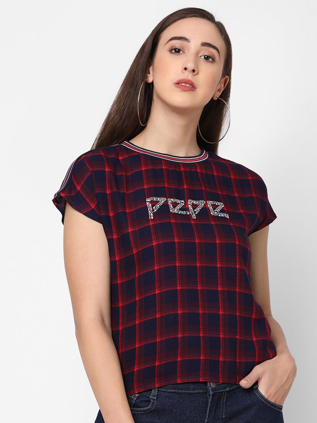 Pepe Jeans Navy Blue & Red Checked Extended Sleeves Top Price in India